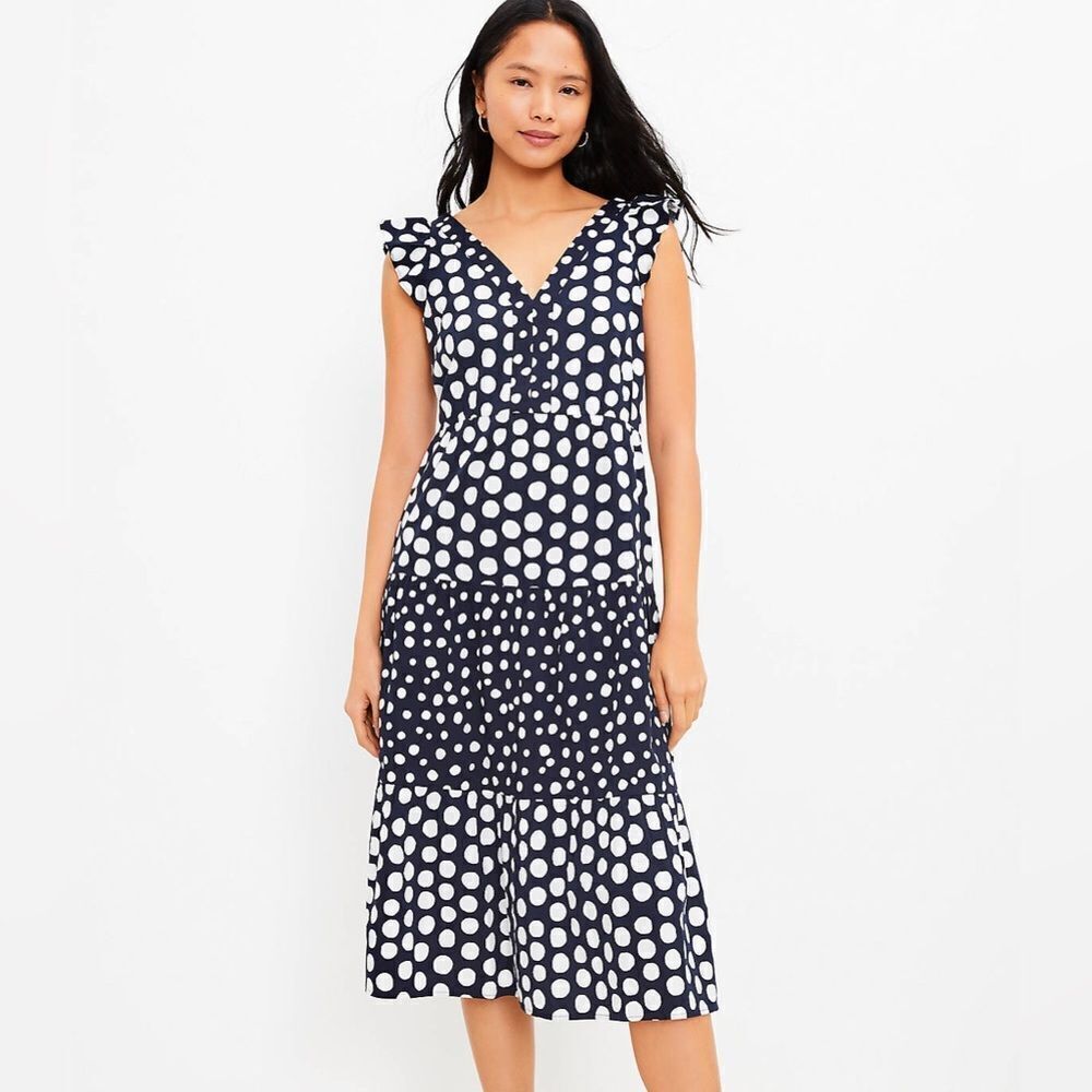 Loft Dotted Flutter Sleeve V-neck Midi Dress